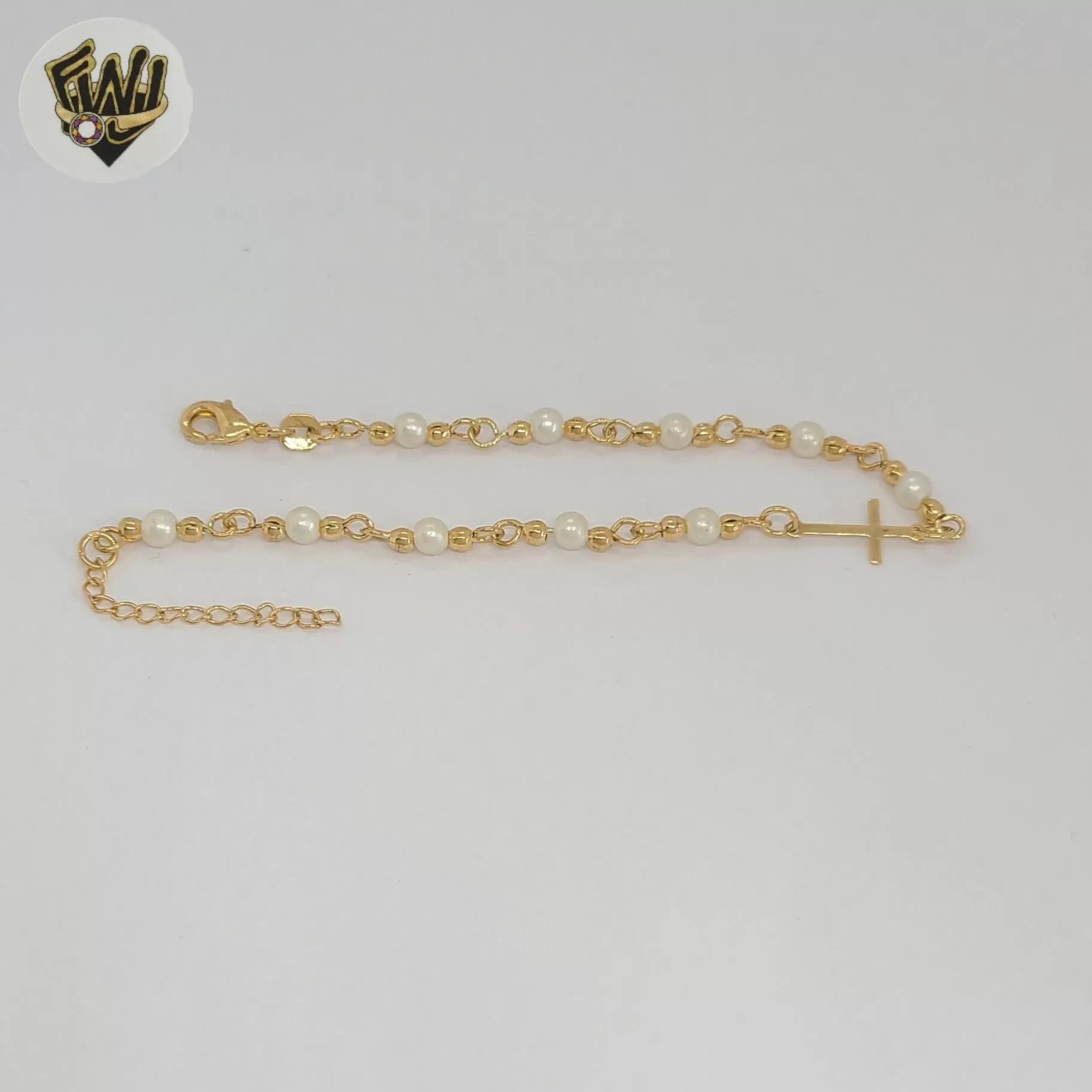 (1-0777) Gold Laminate - 3mm Pearls Link Bracelet - 7 - BGF