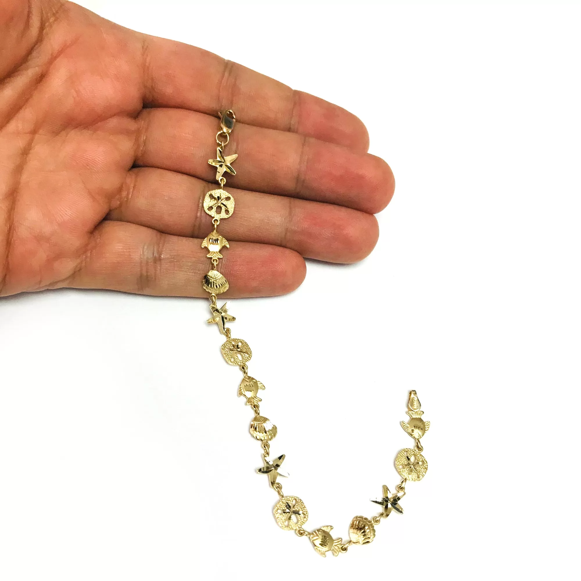 14k Yellow Gold Starfish Sand Dollar And Fish Bracelet, 7