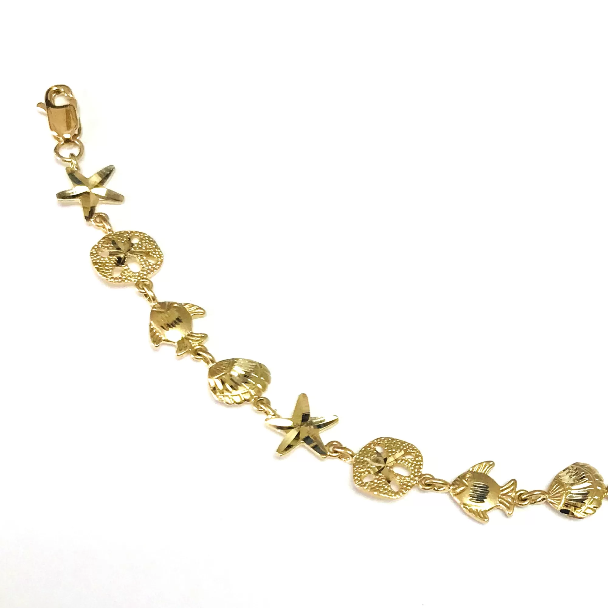 14k Yellow Gold Starfish Sand Dollar And Fish Bracelet, 7