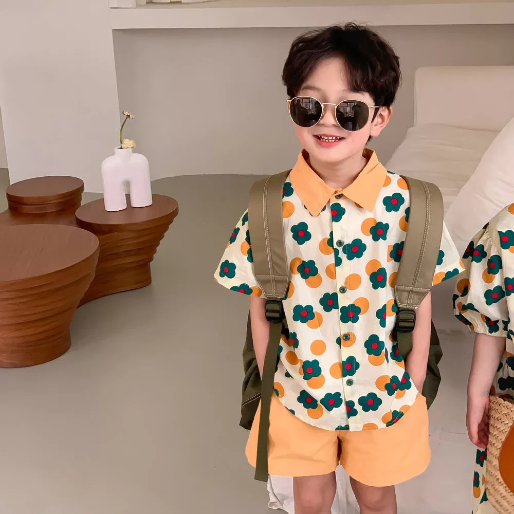 2 Pieces Set Baby Kid Boys Flower Tops And Solid Color Shorts