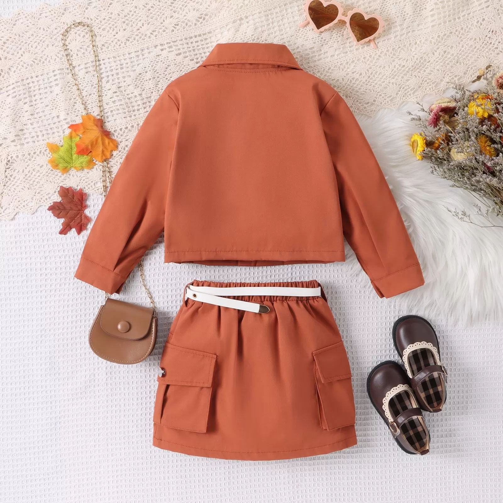 2 Pieces Set Kid Girls Solid Color Jackets Outwears And Skirts Wholesale 24011136