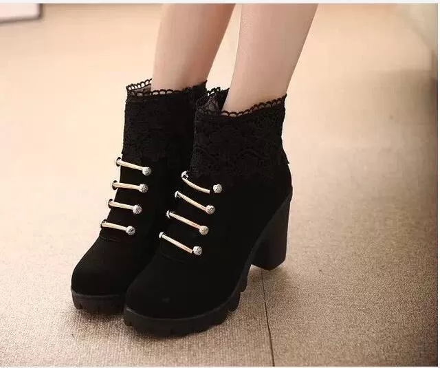 Ashore Shop Autumn Winter Ankle boots Suede PU Lace Up Stylish With Fur