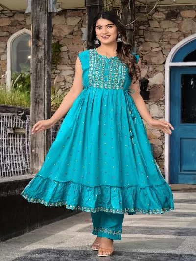 Blue Nyra Style Rayon Embroidered Anarkali Suit Set