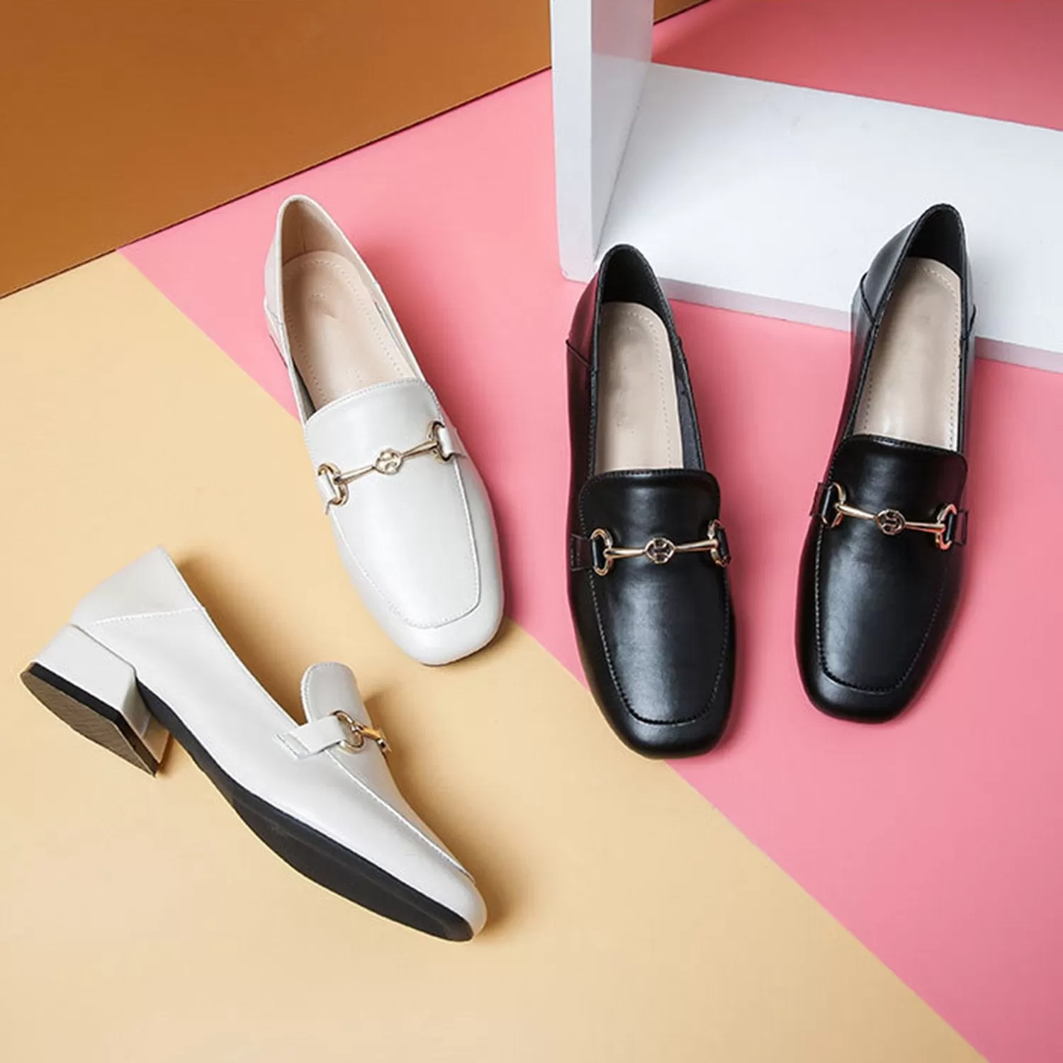 Buckle Leather Thick Heel Loafers