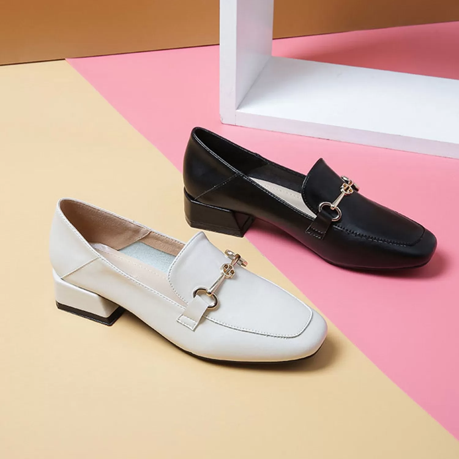 Buckle Leather Thick Heel Loafers