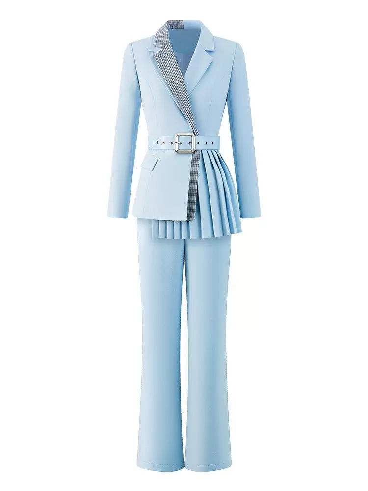 Carry Blue Pleasted Belted Blazer & Flare Pants Suit