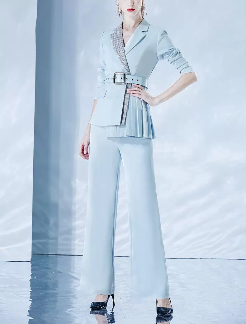 Carry Blue Pleasted Belted Blazer & Flare Pants Suit