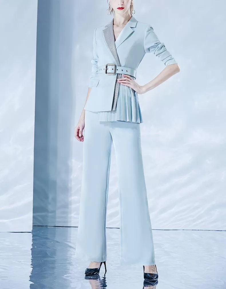 Carry Blue Pleasted Belted Blazer & Flare Pants Suit