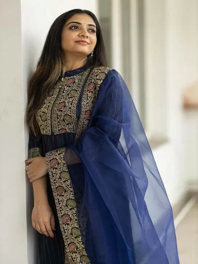 Cobalt Blue Collar Necked Cotton Lurex Salwar Suit Set