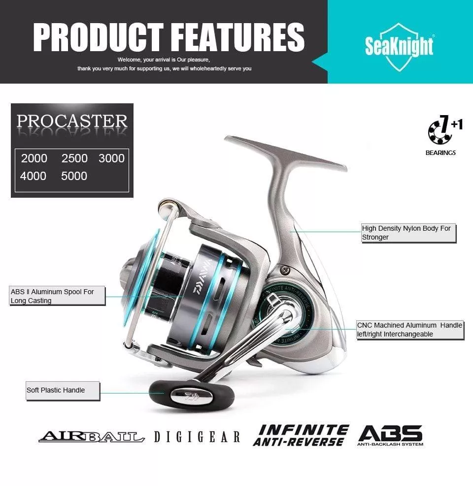 DAIWA PROCASTER 2000A 2500A 3000A 4000A Spinning Fishing Reel 7BB Folding Handle Saltwater Carp Free Metal Spare Spool Tackle