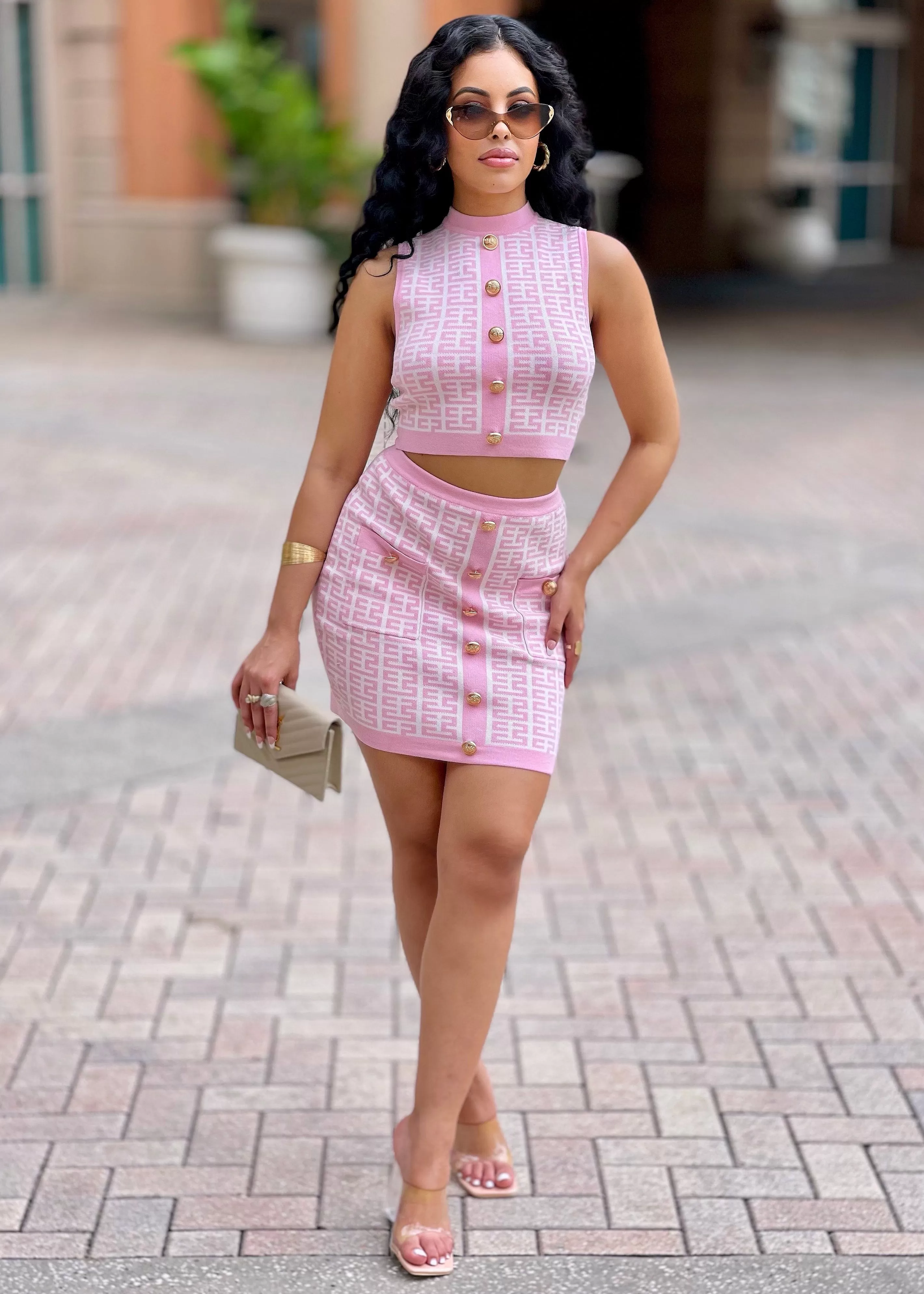 Luna Baby Pink Geometric Print Top And Skirt Set