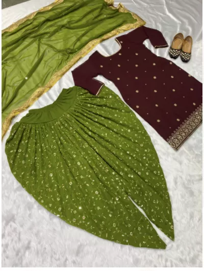 Maroon Mehandi Green Georgette Embroidered Readymade Suit