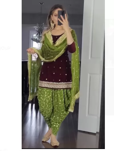 Maroon Mehandi Green Georgette Embroidered Readymade Suit