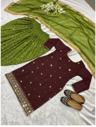 Maroon Mehandi Green Georgette Embroidered Readymade Suit