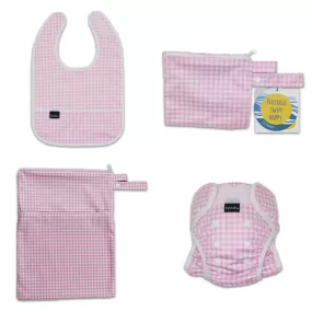 On The Go - Gift Set, Reusable Swim Nappy, Wet Bag and Baby Bib - Pink Check