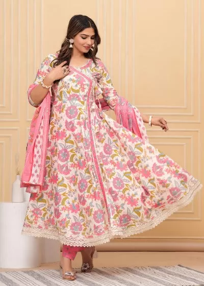 Pink Cotton Floral Anghrakha Style Anarkali Suit Set