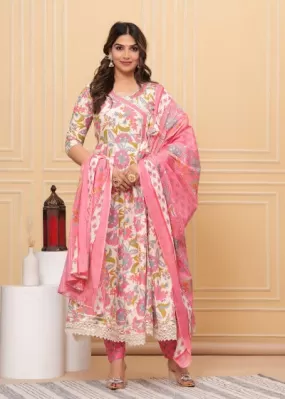 Pink Cotton Floral Anghrakha Style Anarkali Suit Set