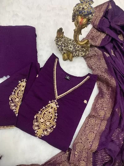 Purple Pure Chanderi Embroidery Work Salwar Suit Set