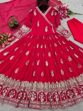 Red Georgette Embroidery Sequence Anarkali Gown Suit Set