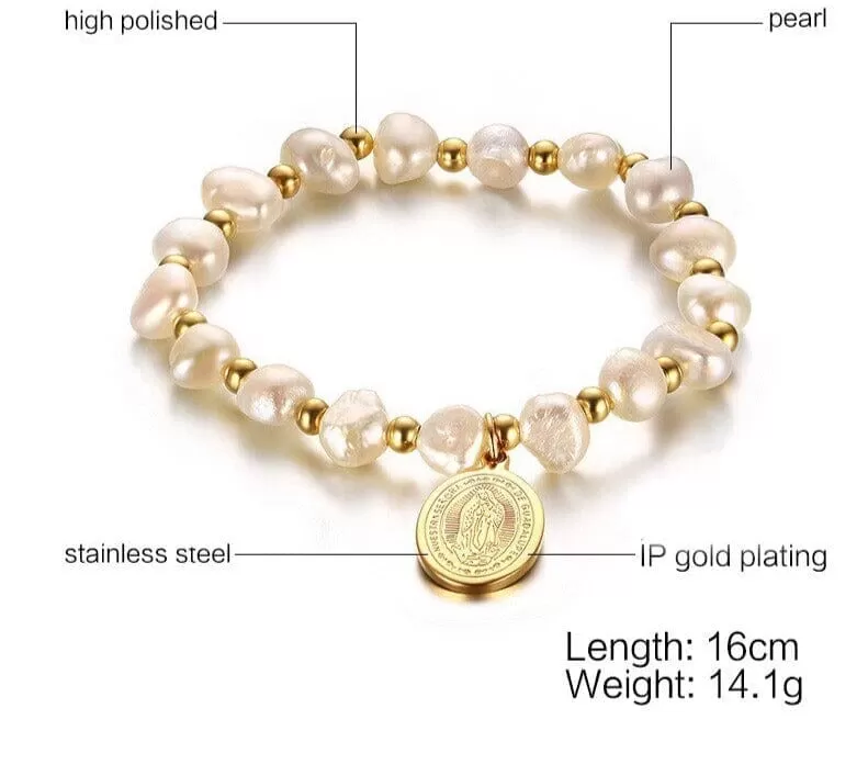 Stainless Steel Virgin Mary WWJD Pearl Bracelet