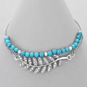 Turquoise Beaded Bracelet with Silver Crystal Pave Leaf