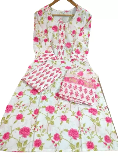 White & Pink Floral Print Cotton Salwar Suit Set