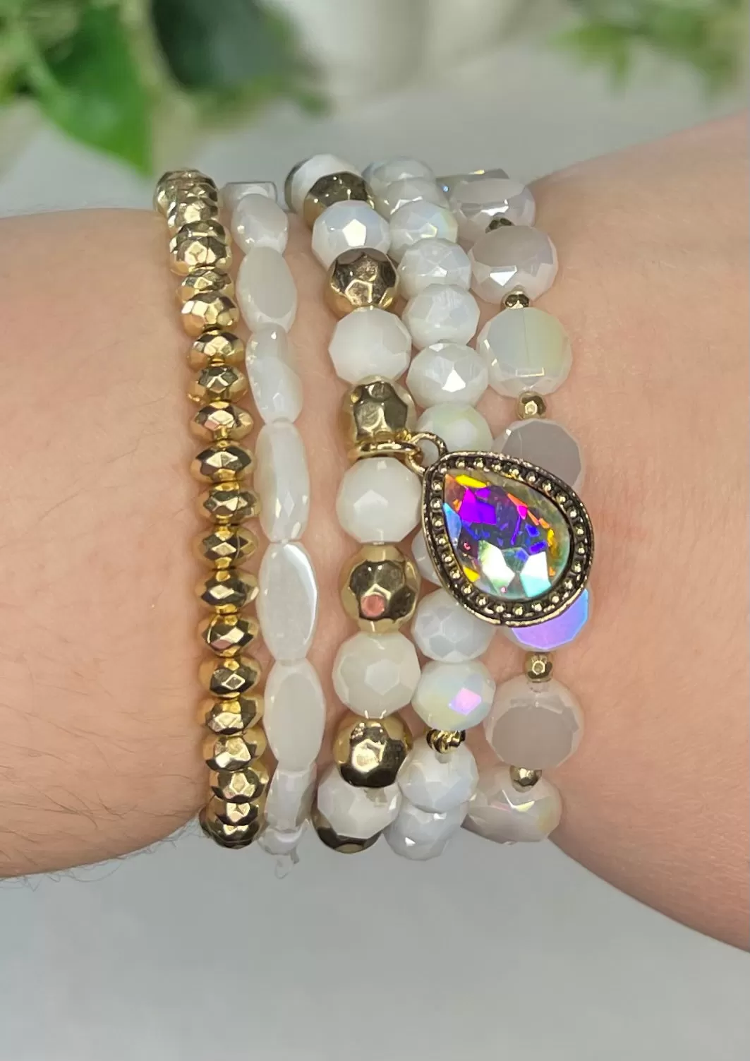 White Crystal & Gold Beaded Bracelet Set with teardrop bling charm