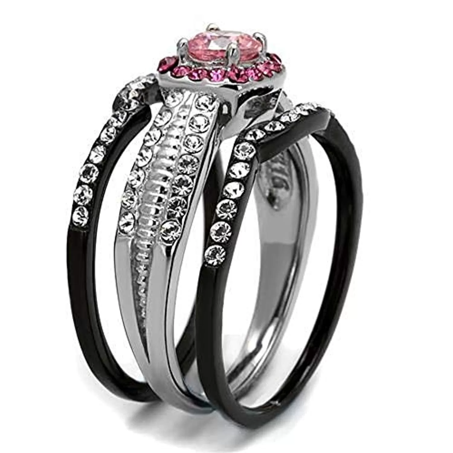 WildKlass Stainless Steel Ring Two-Tone IP Black Women AAA Grade CZ Light Rose