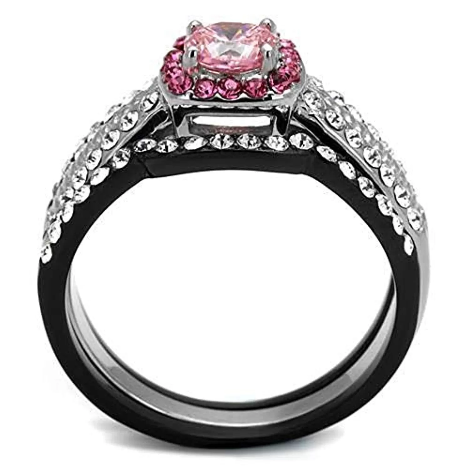 WildKlass Stainless Steel Ring Two-Tone IP Black Women AAA Grade CZ Light Rose