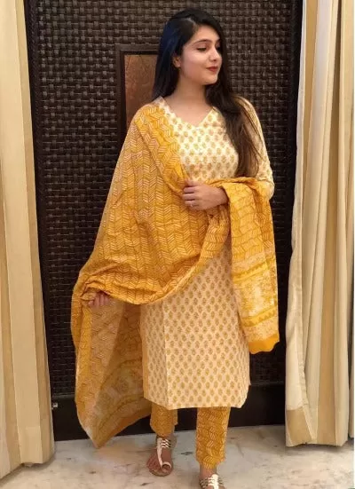 Yellow & White Cotton Saganeri Block Print  Salwar Suit Set